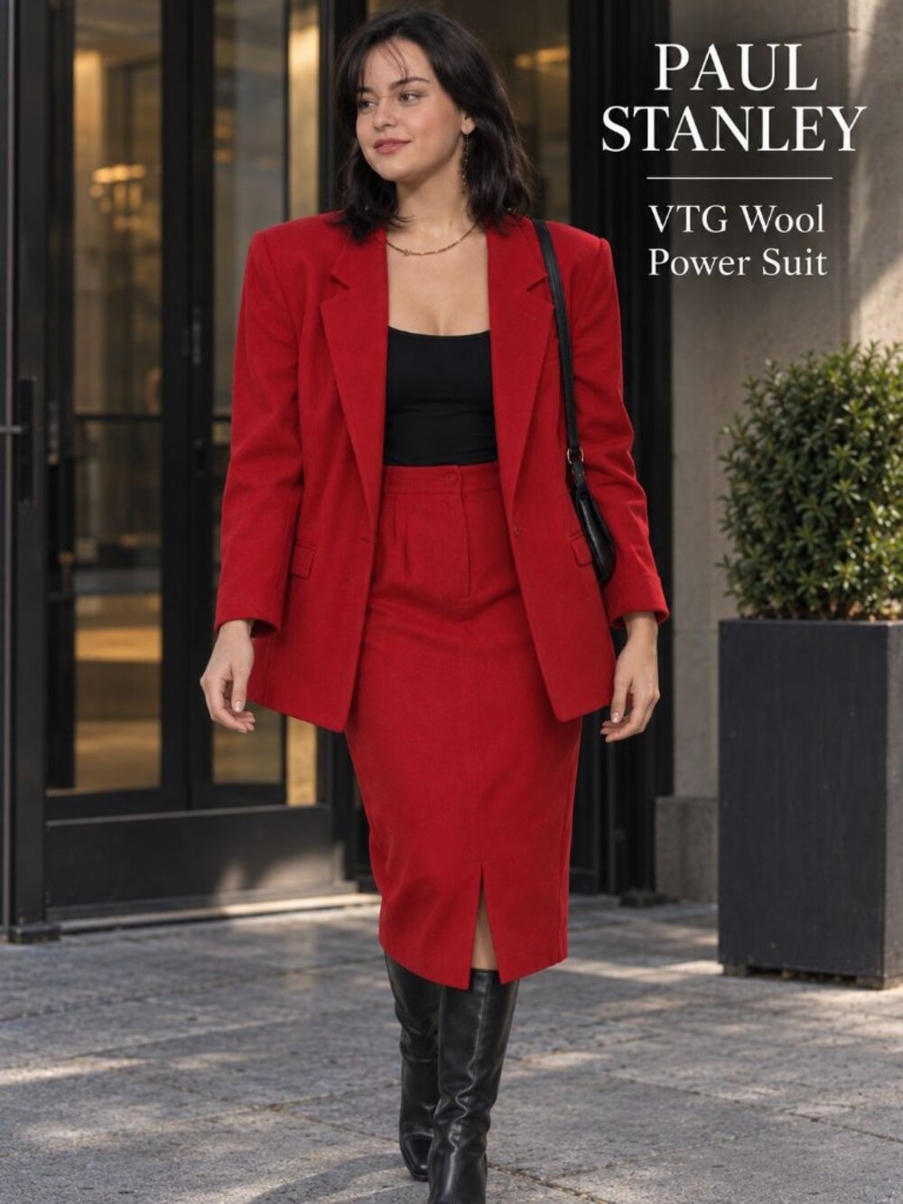 VTG 80s 90s Paul Stanley Skirt Suit 16 Red Wool Blazer Midi Power Dressing